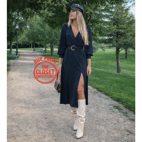 ZARA Black Belted Midi Dress NWT | Blogger Favorite | Long Sleeve Split Hem - Picture 4 of 14